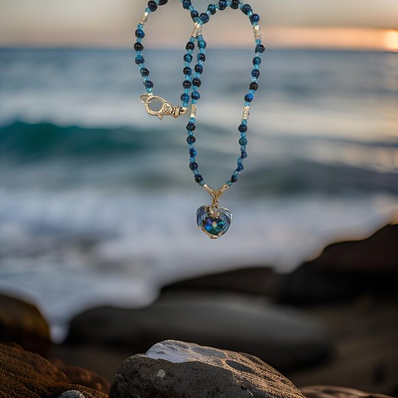Blue Dragon w Blue and Silver beaded Necklace  20 inches - Picture 3 of 4